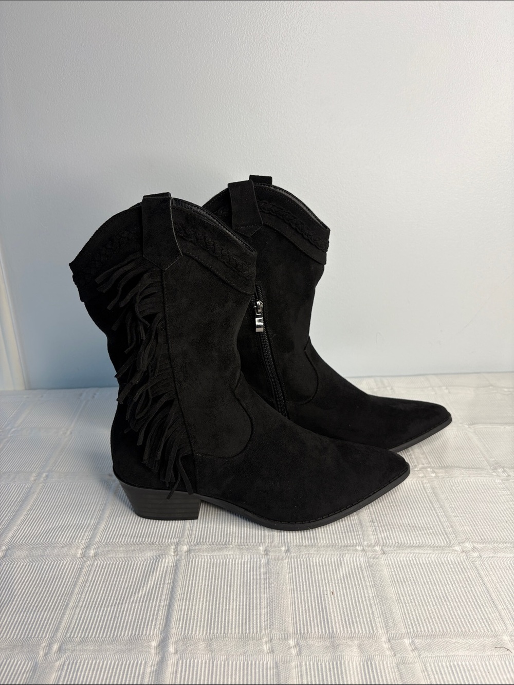 Black Fringe Western Faux Suede Ankle Boots Pointed Toe